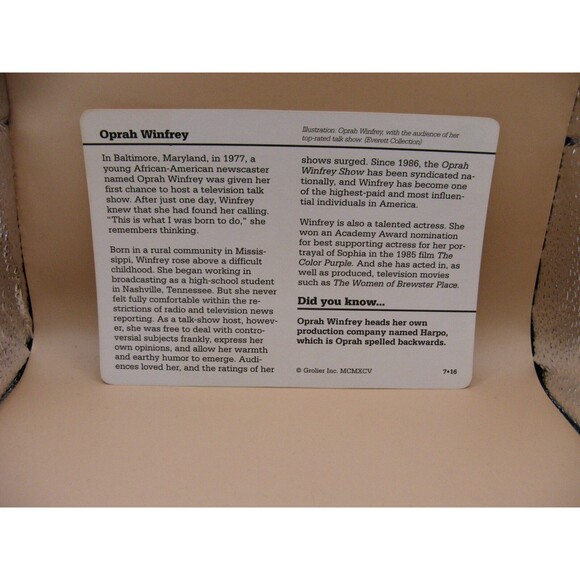 Oprah Winfrey Arts & Entertainment 1995 GROLIER STORY OF AMERICA CARD #7-16 - Picture 2 of 2